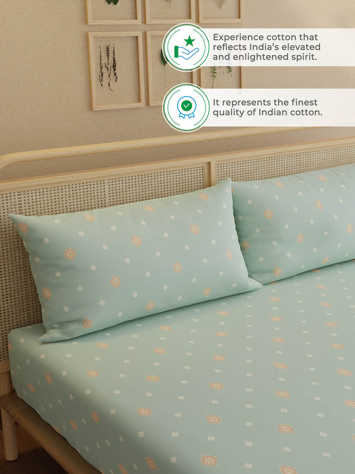 Indo Musk 100% Kasturi Cotton 200 TC King Fitted Sheet with 2 Pillow Covers | Grey Ethnic Print Fitted Sheet Set