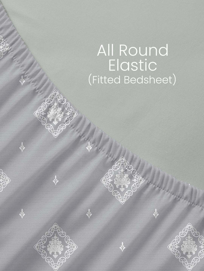 Indo Musk 100% Kasturi Cotton 200 TC King Fitted Sheet with 2 Pillow Covers | Grey & White Ethnic Print Fitted Sheet Set
