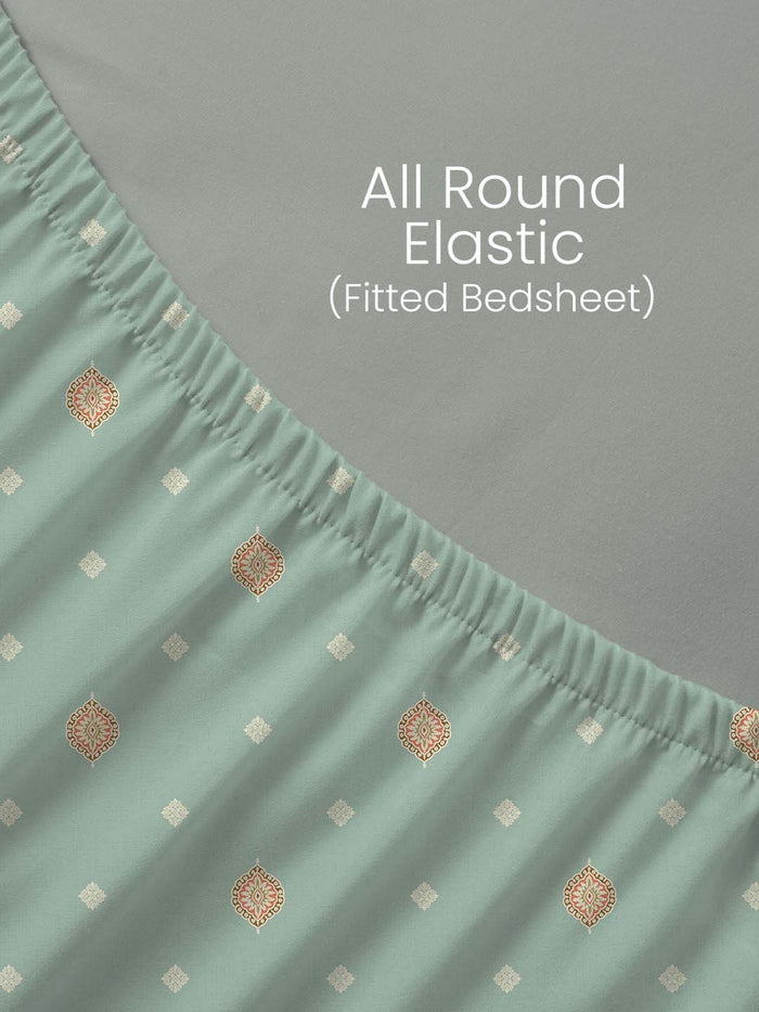 Indo Musk 100% Kasturi Cotton 200 TC King Fitted Sheet with 2 Pillow Covers | Grey Ethnic Print Fitted Sheet Set