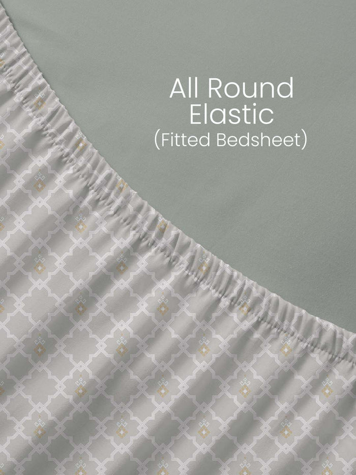 Indo Musk 100% Kasturi Cotton 200 TC King Fitted Sheet with 2 Pillow Covers | Grey Ethnic Print Fitted Sheet Set