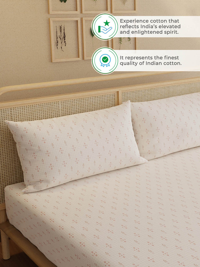 Indo Musk 100% Kasturi Cotton 200 TC King Fitted Sheet with 2 Pillow Covers | Pink Ethnic Print Fitted Sheet Set