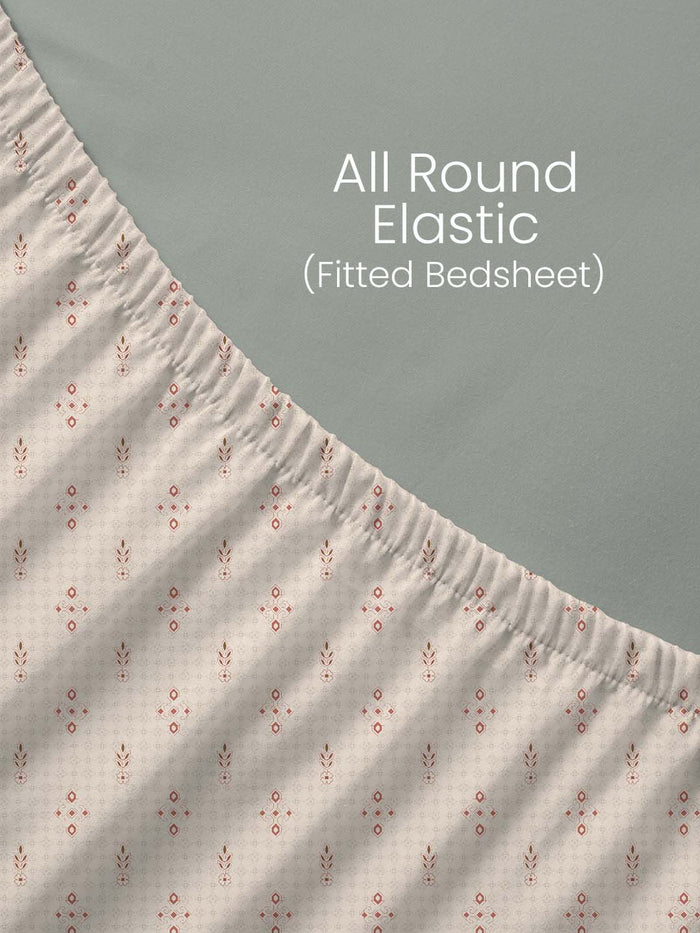 Indo Musk 100% Kasturi Cotton 200 TC King Fitted Sheet with 2 Pillow Covers | Pink Ethnic Print Fitted Sheet Set
