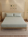 Indo Musk 100% Kasturi Cotton 200 TC King Fitted Sheet with 2 Pillow Covers | White & Grey Ethnic Print Fitted Sheet Set