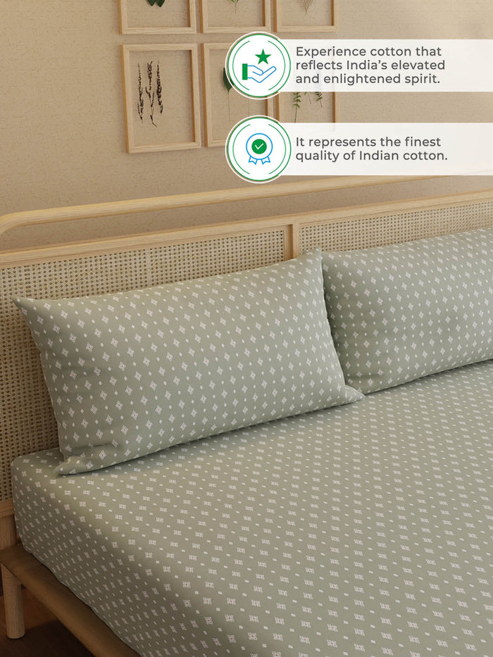 Indo Musk 100% Kasturi Cotton 200 TC King Fitted Sheet with 2 Pillow Covers | White & Grey Ethnic Print Fitted Sheet Set