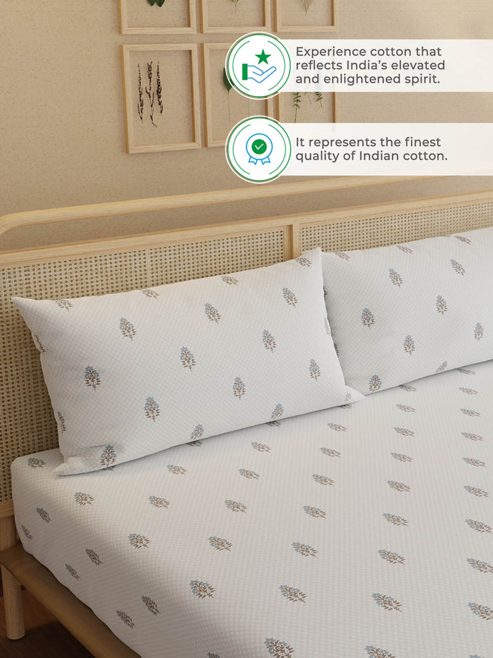 Indo Musk 100% Kasturi Cotton 200 TC King Fitted Sheet with 2 Pillow Covers | White & Blue Floral Fitted Sheet Set