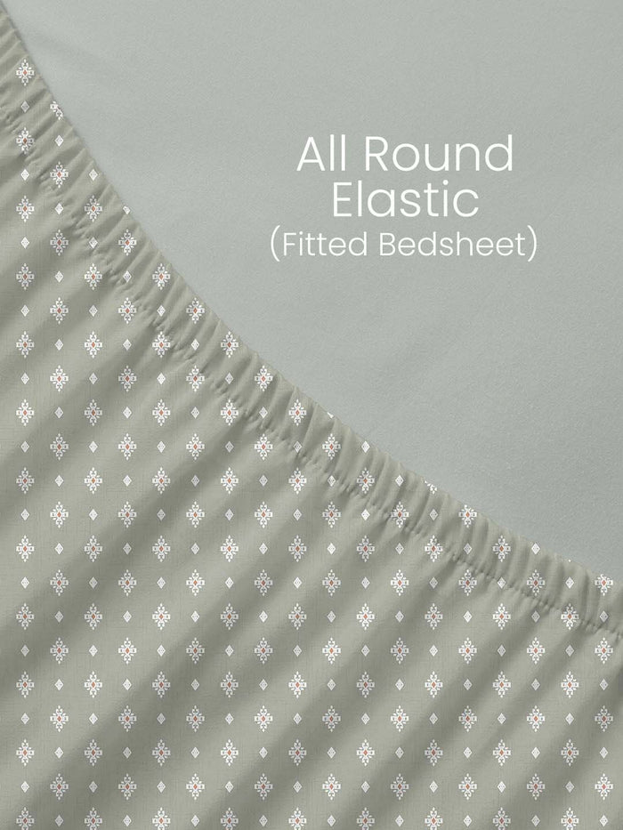 Indo Musk 100% Kasturi Cotton 200 TC King Fitted Sheet with 2 Pillow Covers | White & Grey Ethnic Print Fitted Sheet Set