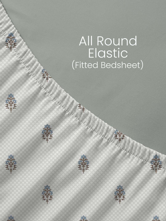 Indo Musk 100% Kasturi Cotton 200 TC King Fitted Sheet with 2 Pillow Covers | White & Blue Floral Fitted Sheet Set