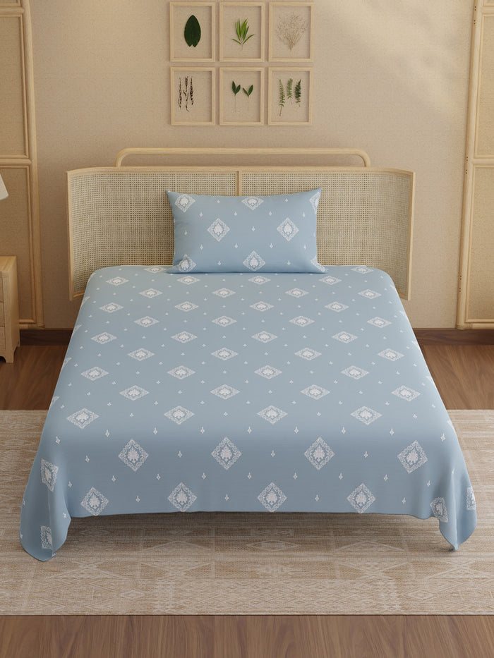 Indo Musk 100% Kasturi Cotton 200 TC Single Bedsheet with 1 Pillow Cover | Blue Ethnic Print Bedsheet Set