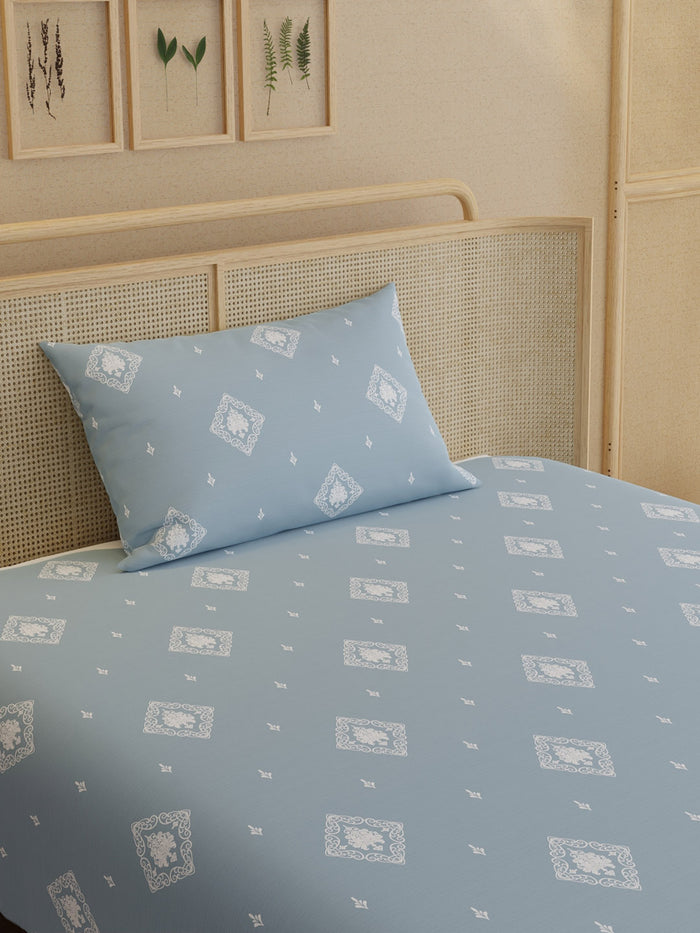 Indo Musk 100% Kasturi Cotton 200 TC Single Bedsheet with 1 Pillow Cover | Blue Ethnic Print Bedsheet Set