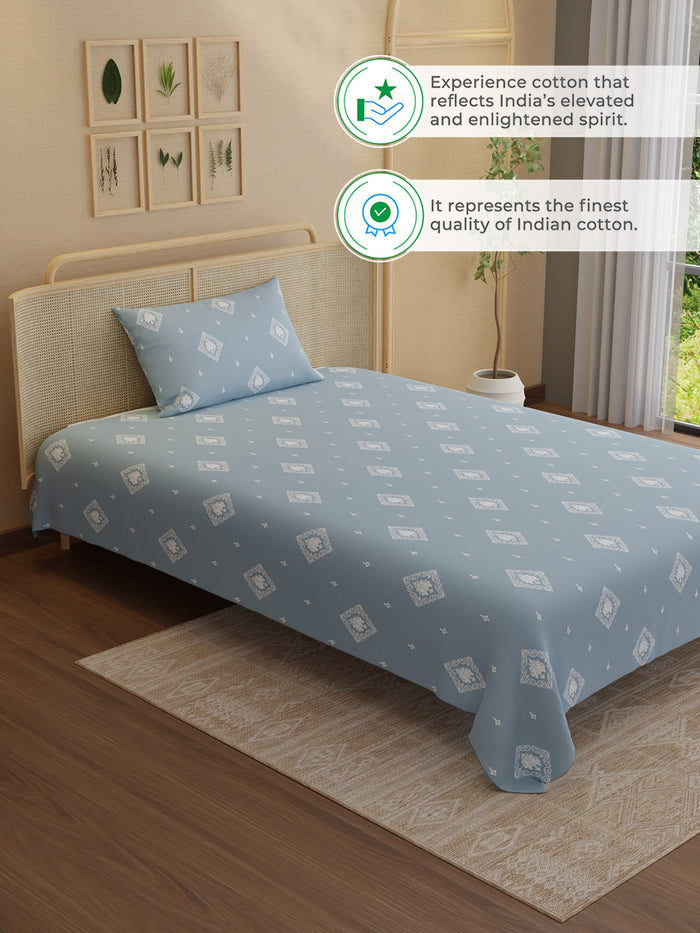 Indo Musk 100% Kasturi Cotton 200 TC Single Bedsheet with 1 Pillow Cover | Blue Ethnic Print Bedsheet Set
