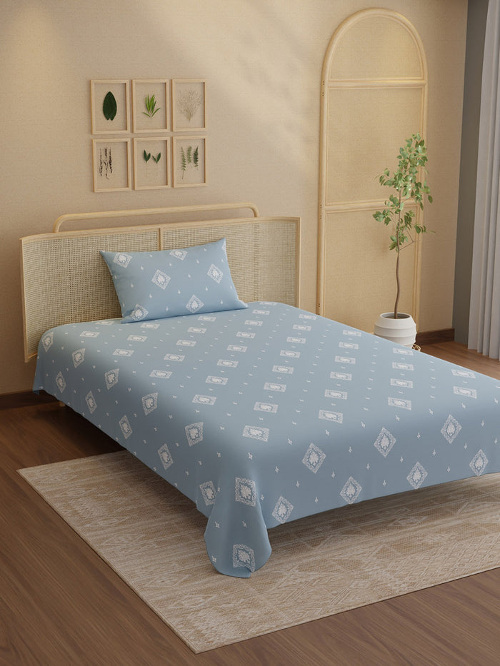 Indo Musk 100% Kasturi Cotton 200 TC Single Bedsheet with 1 Pillow Cover | Blue Ethnic Print Bedsheet Set