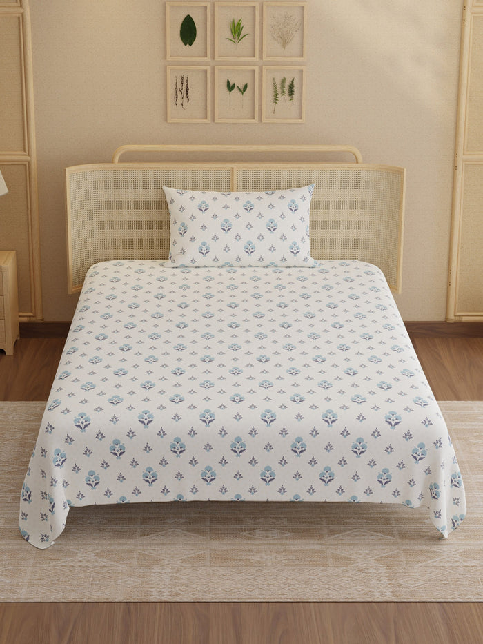 Indo Musk 100% Kasturi Cotton 200 TC Single Bedsheet with 1 Pillow Cover | Blue & White Floral Bedsheet Set