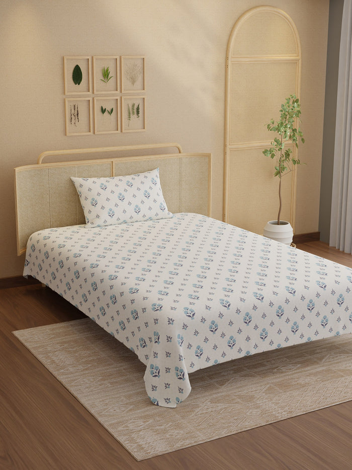 Indo Musk 100% Kasturi Cotton 200 TC Single Bedsheet with 1 Pillow Cover | Blue & White Floral Bedsheet Set