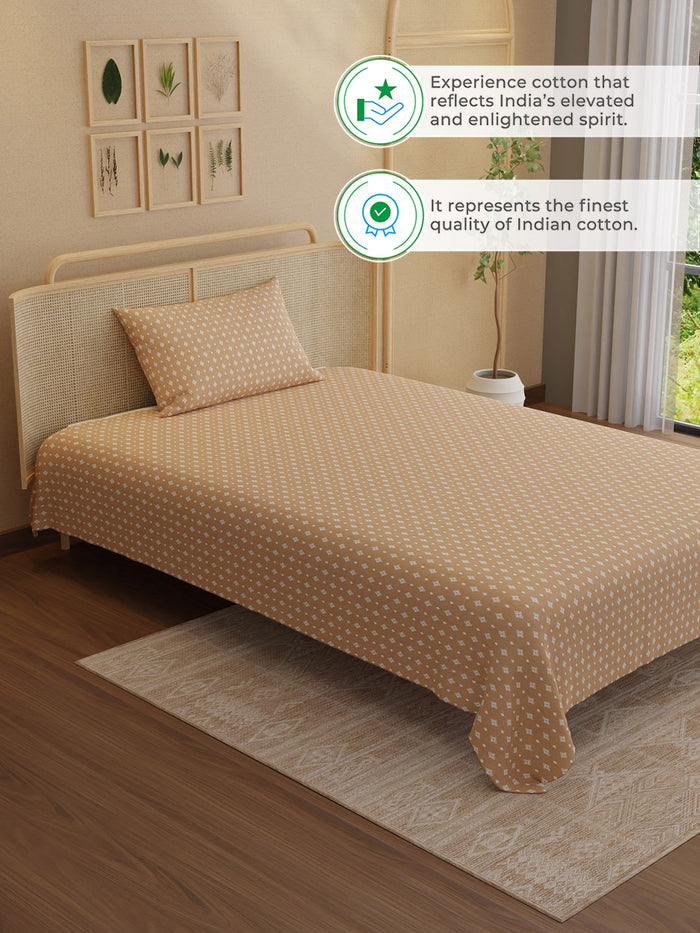 Indo Musk 100% Kasturi Cotton 200 TC Single Bedsheet with 1 Pillow Cover | Brown Ethnic Print Bedsheet Set