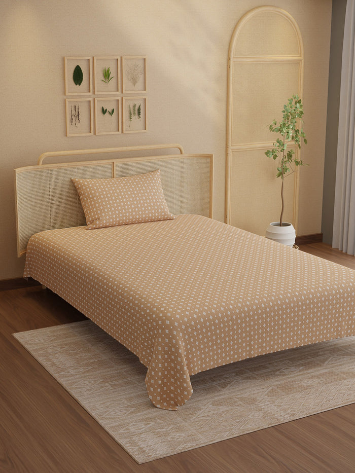 Indo Musk 100% Kasturi Cotton 200 TC Single Bedsheet with 1 Pillow Cover | Brown Ethnic Print Bedsheet Set