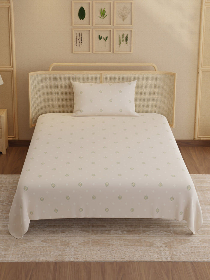 Indo Musk 100% Kasturi Cotton 200 TC Single Bedsheet with 1 Pillow Cover | Cream Ethnic Print Bedsheet Set