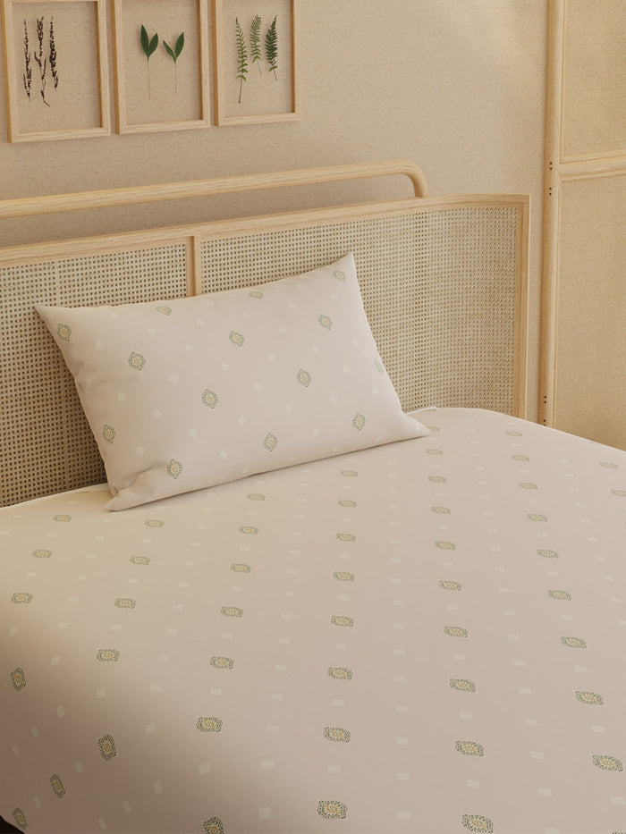 Indo Musk 100% Kasturi Cotton 200 TC Single Bedsheet with 1 Pillow Cover | Cream Ethnic Print Bedsheet Set