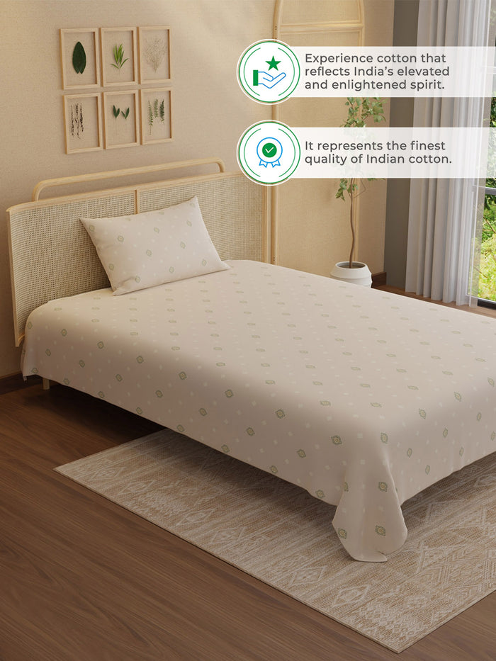 Indo Musk 100% Kasturi Cotton 200 TC Single Bedsheet with 1 Pillow Cover | Cream Ethnic Print Bedsheet Set
