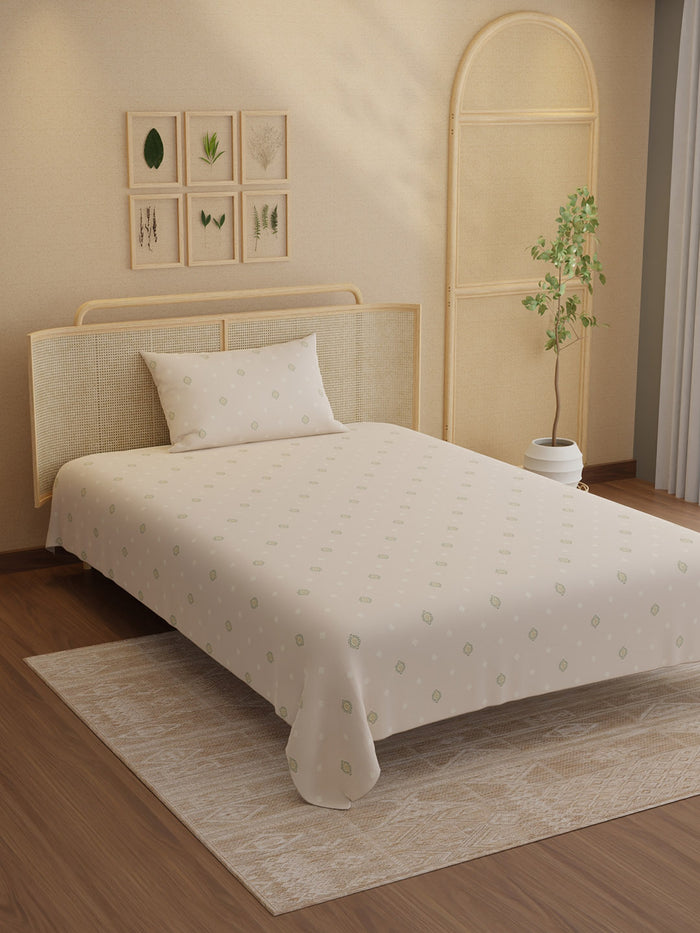 Indo Musk 100% Kasturi Cotton 200 TC Single Bedsheet with 1 Pillow Cover | Cream Ethnic Print Bedsheet Set