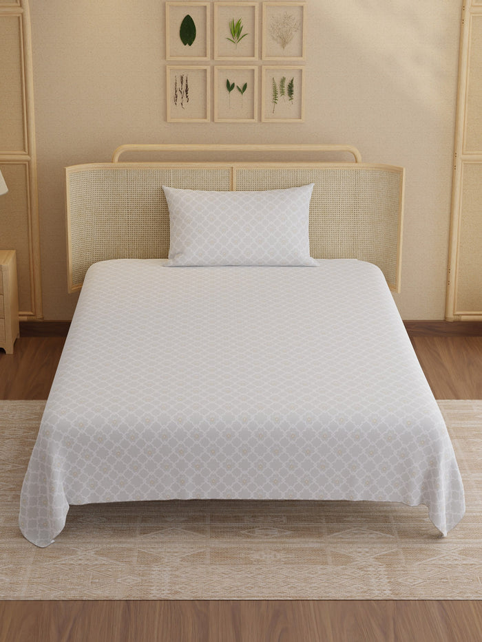 Indo Musk 100% Kasturi Cotton 200 TC Single Bedsheet with 1 Pillow Cover | Grey Ethnic Print Bedsheet Set