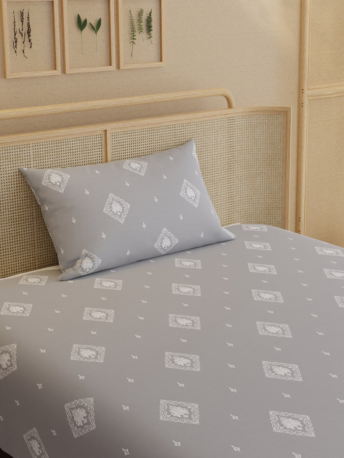 Indo Musk 100% Kasturi Cotton 200 TC Single Bedsheet with 1 Pillow Cover | Grey Ethnic Print Bedsheet Set
