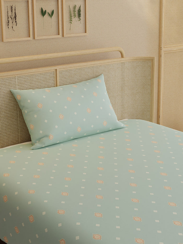 Indo Musk 100% Kasturi Cotton 200 TC Single Bedsheet with 1 Pillow Cover | Grey Ethnic Print Bedsheet Set