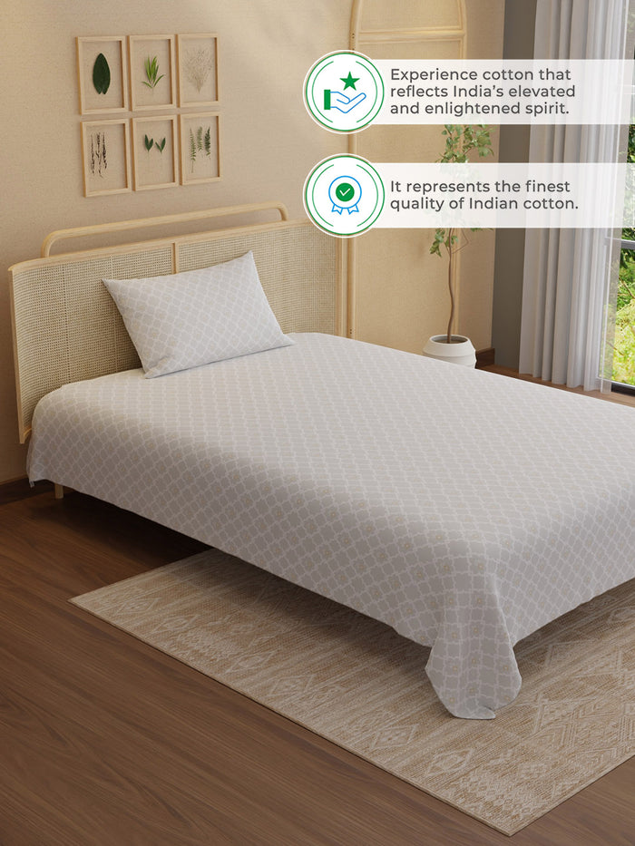Indo Musk 100% Kasturi Cotton 200 TC Single Bedsheet with 1 Pillow Cover | Grey Ethnic Print Bedsheet Set