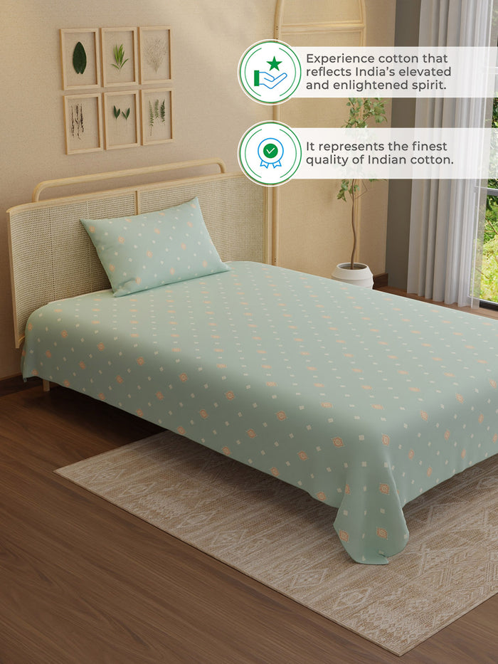 Indo Musk 100% Kasturi Cotton 200 TC Single Bedsheet with 1 Pillow Cover | Grey Ethnic Print Bedsheet Set