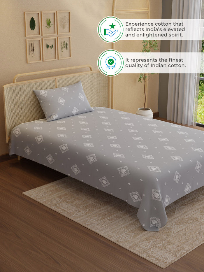 Indo Musk 100% Kasturi Cotton 200 TC Single Bedsheet with 1 Pillow Cover | Grey Ethnic Print Bedsheet Set