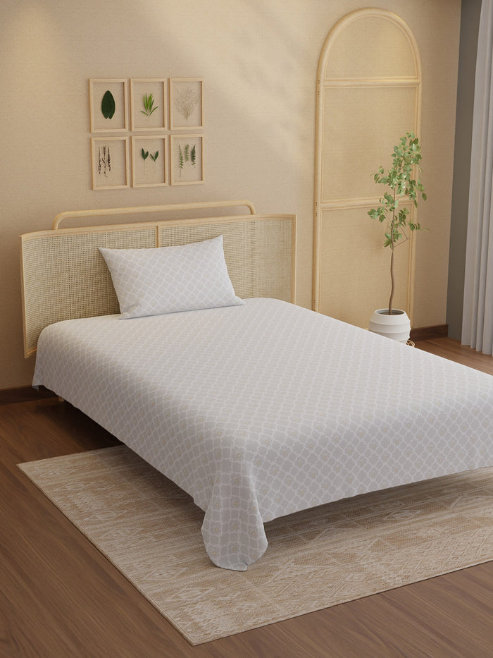 Indo Musk 100% Kasturi Cotton 200 TC Single Bedsheet with 1 Pillow Cover | Grey Ethnic Print Bedsheet Set