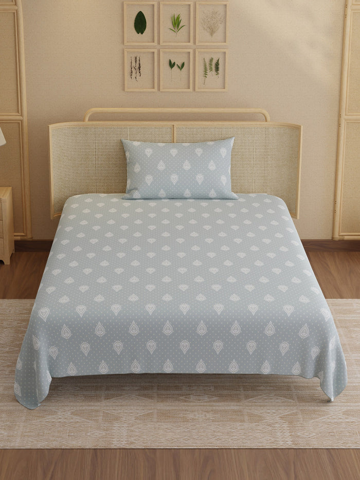 Indo Musk 100% Kasturi Cotton 200 TC Single Bedsheet with 1 Pillow Cover | Grey & White Ethnic Print Bedsheet Set