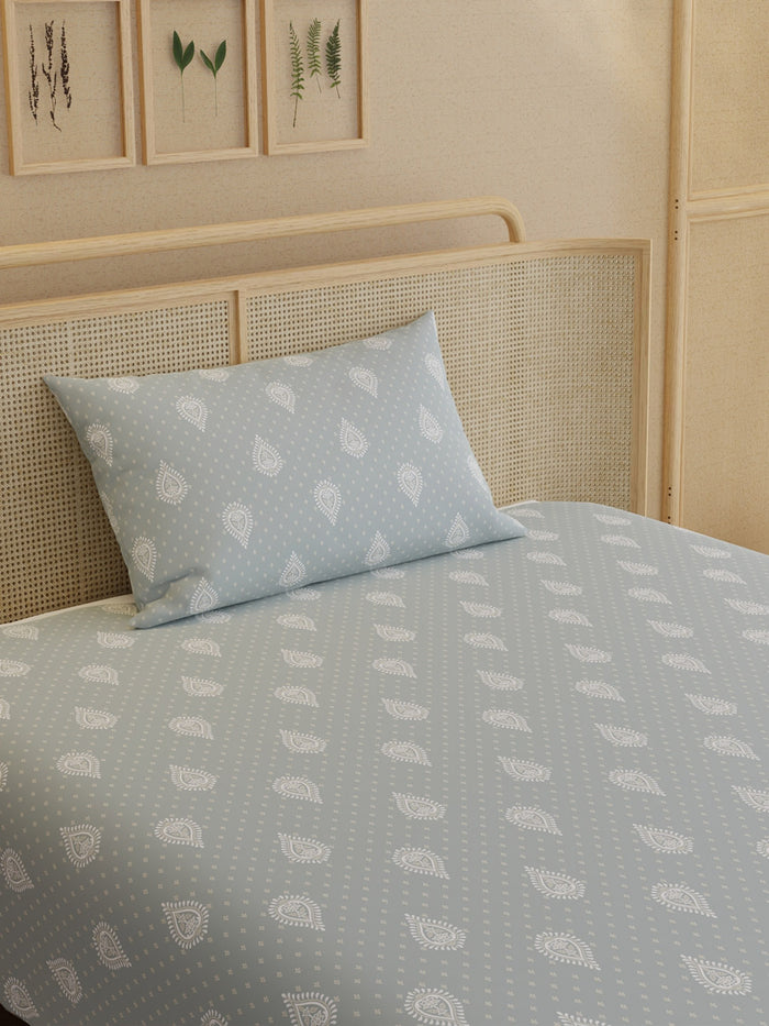 Indo Musk 100% Kasturi Cotton 200 TC Single Bedsheet with 1 Pillow Cover | Grey & White Ethnic Print Bedsheet Set