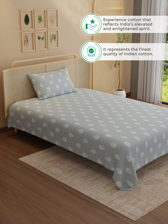 Indo Musk 100% Kasturi Cotton 200 TC Single Bedsheet with 1 Pillow Cover | Grey & White Ethnic Print Bedsheet Set