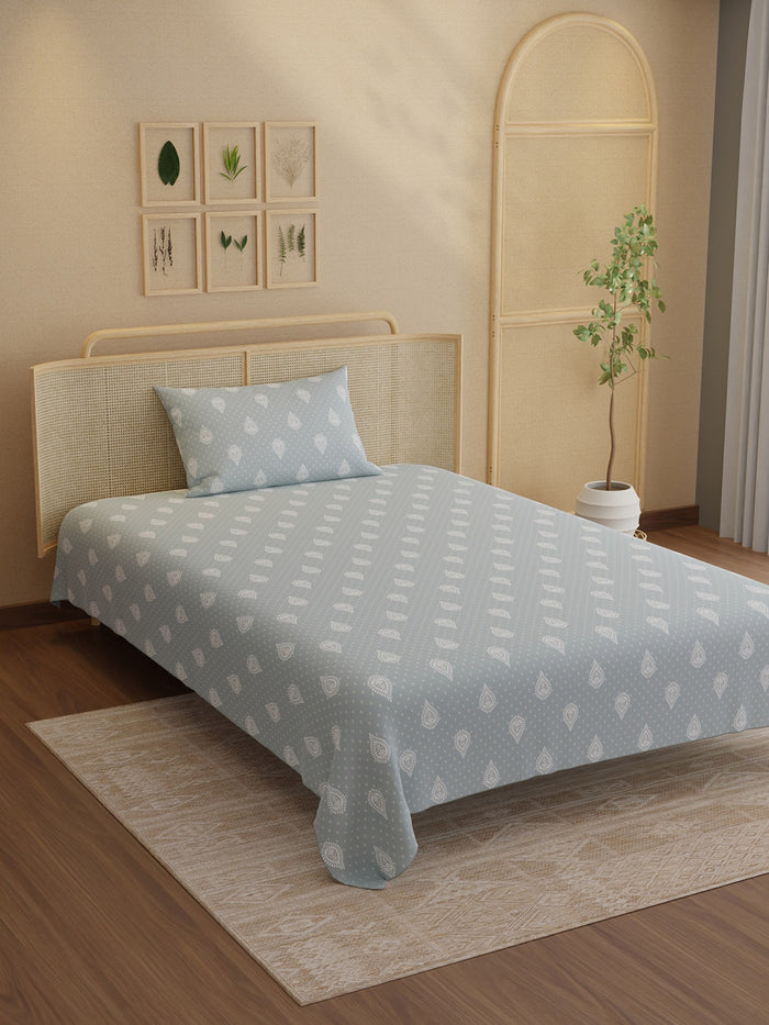 Indo Musk 100% Kasturi Cotton 200 TC Single Bedsheet with 1 Pillow Cover | Grey & White Ethnic Print Bedsheet Set