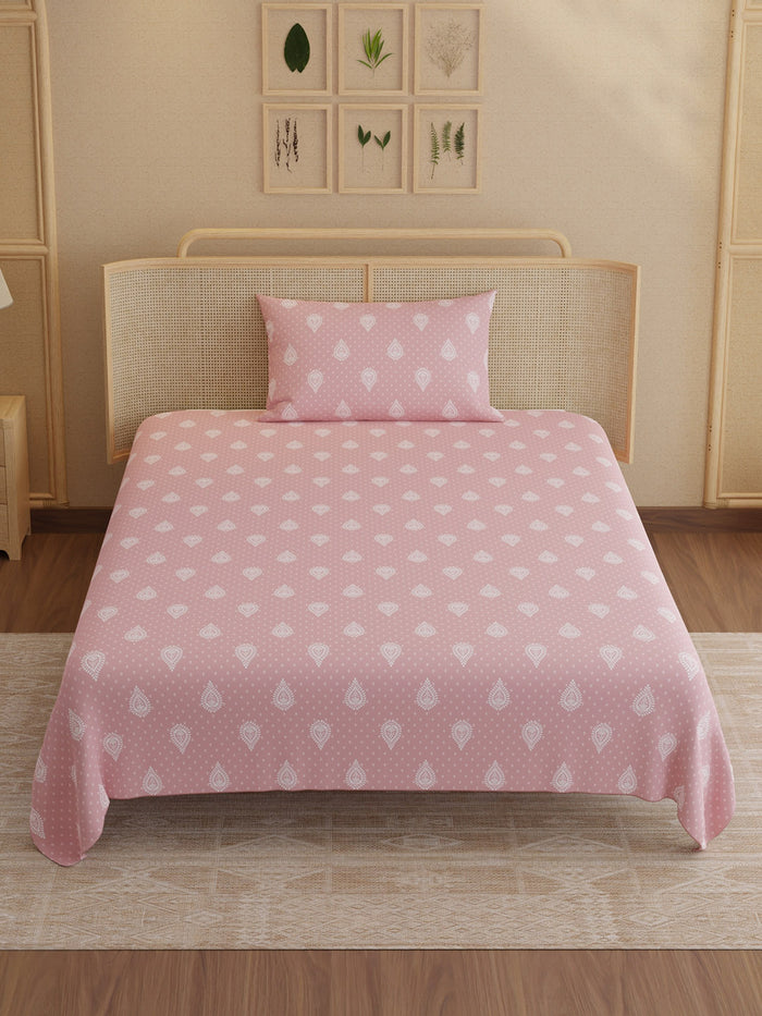 Indo Musk 100% Kasturi Cotton 200 TC Single Bedsheet with 1 Pillow Cover | Pink Ethnic Print Bedsheet Set