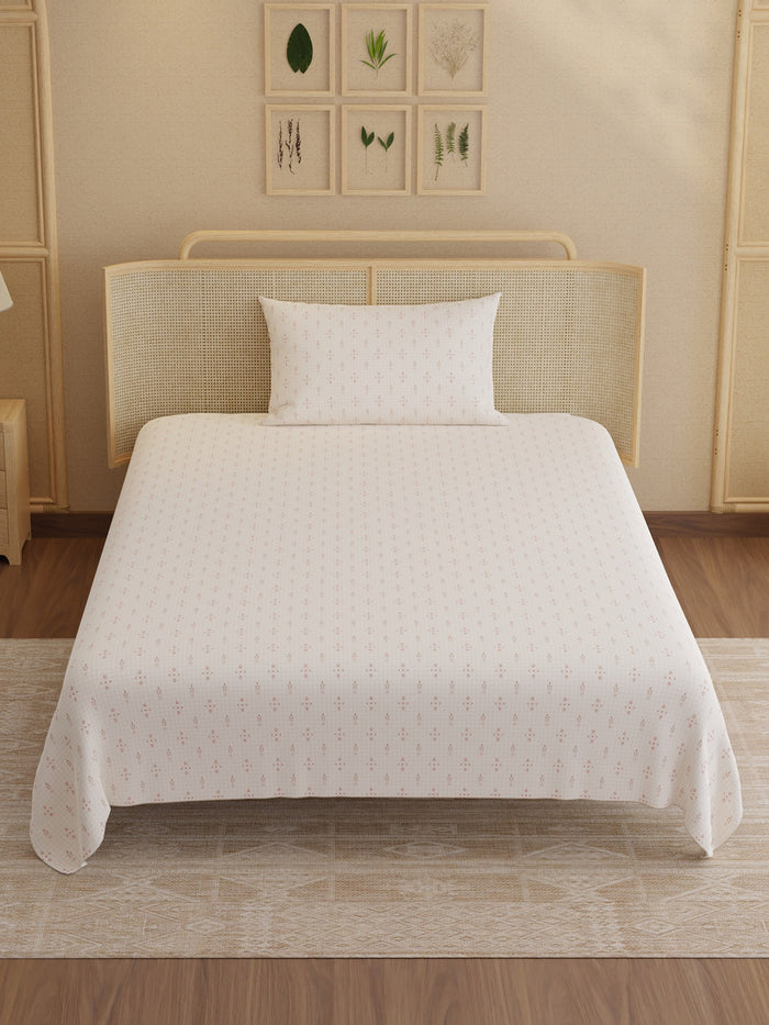 Indo Musk 100% Kasturi Cotton 200 TC Single Bedsheet with 1 Pillow Cover | Pink Ethnic Print Bedsheet Set
