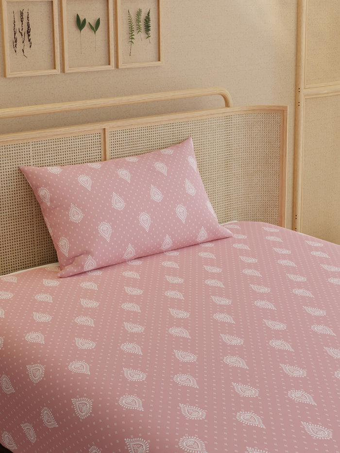 Indo Musk 100% Kasturi Cotton 200 TC Single Bedsheet with 1 Pillow Cover | Pink Ethnic Print Bedsheet Set