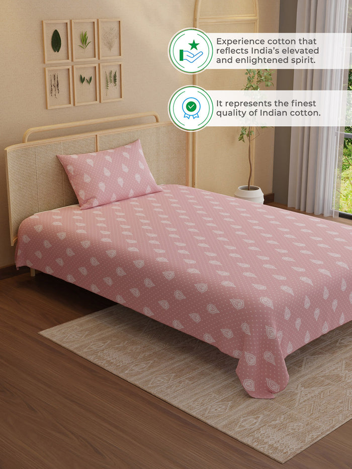 Indo Musk 100% Kasturi Cotton 200 TC Single Bedsheet with 1 Pillow Cover | Pink Ethnic Print Bedsheet Set