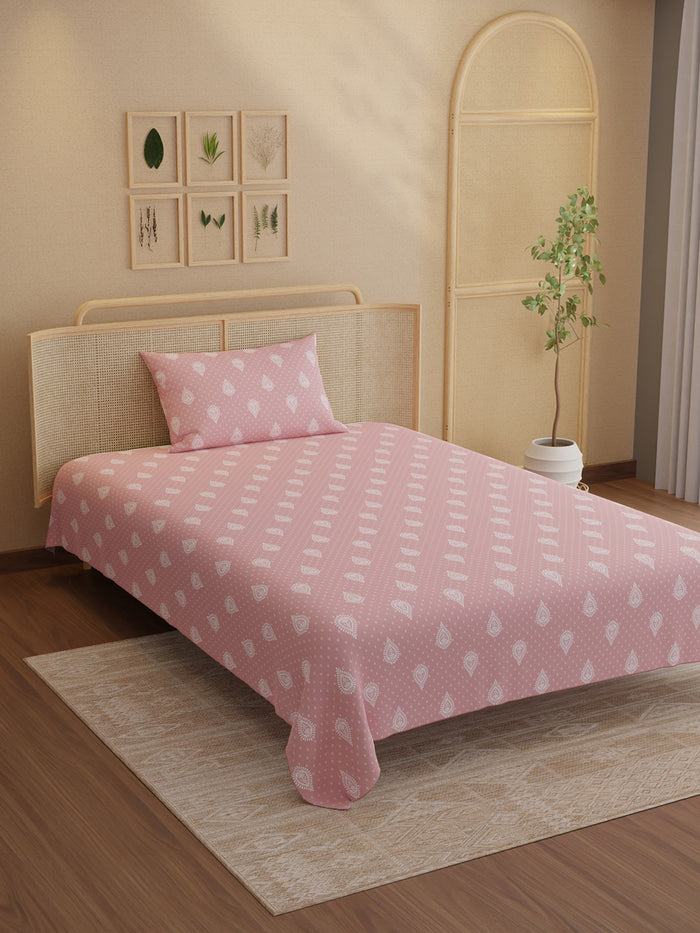 Indo Musk 100% Kasturi Cotton 200 TC Single Bedsheet with 1 Pillow Cover | Pink Ethnic Print Bedsheet Set