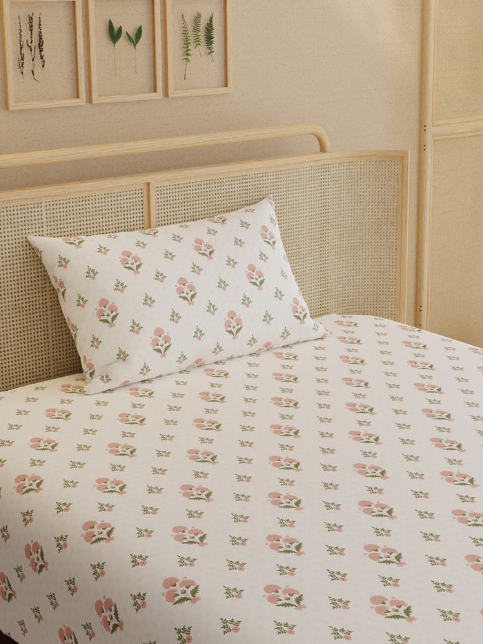 Indo Musk 100% Kasturi Cotton 200 TC Single Bedsheet with 1 Pillow Cover | Pink & White Floral Bedsheet Set