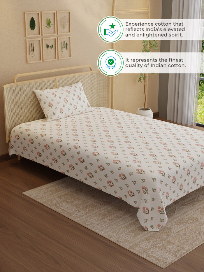 Indo Musk 100% Kasturi Cotton 200 TC Single Bedsheet with 1 Pillow Cover | Pink & White Floral Bedsheet Set