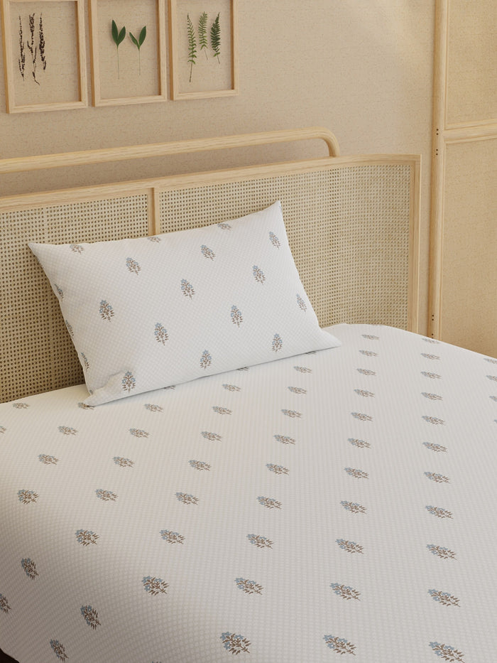Indo Musk 100% Kasturi Cotton 200 TC Single Bedsheet with 1 Pillow Cover | White & Blue Floral Bedsheet Set