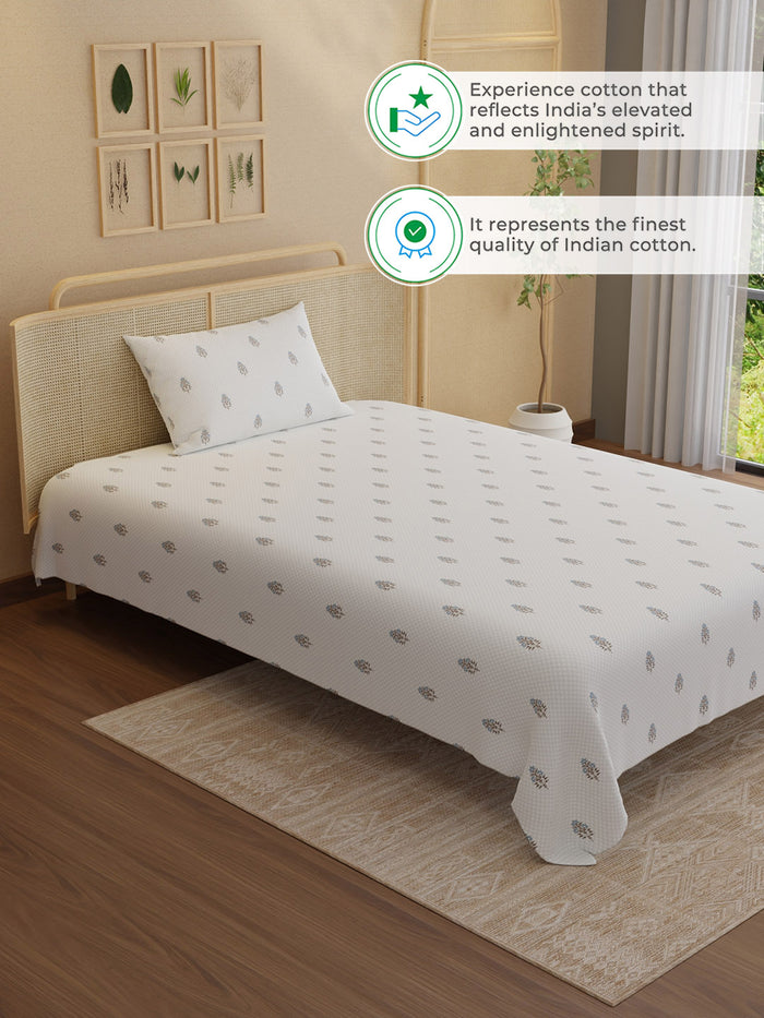 Indo Musk 100% Kasturi Cotton 200 TC Single Bedsheet with 1 Pillow Cover | White & Blue Floral Bedsheet Set