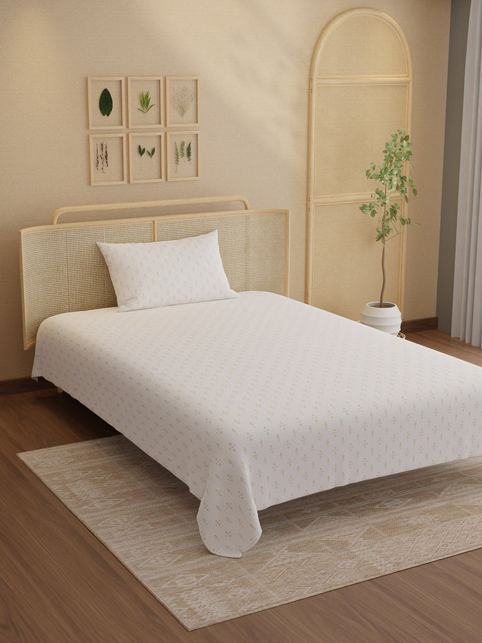 Indo Musk 100% Kasturi Cotton 200 TC Single Bedsheet with 1 Pillow Cover | White Ethnic Print Bedsheet Set