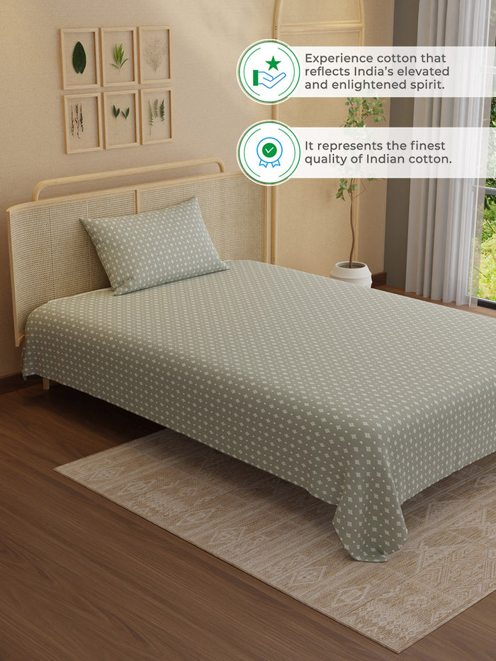 Indo Musk 100% Kasturi Cotton 200 TC Single Bedsheet with 1 Pillow Cover | White & Grey Ethnic Print Bedsheet Set