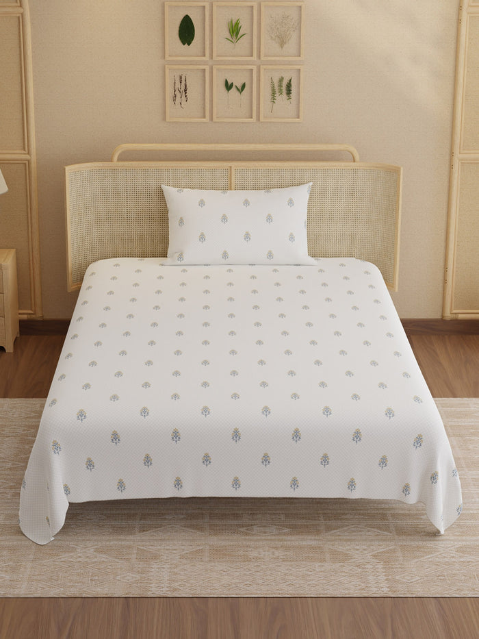 Indo Musk 100% Kasturi Cotton 200 TC Single Bedsheet with 1 Pillow Cover | White & Yellow Floral Bedsheet Set