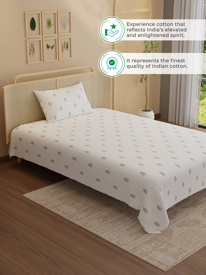 Indo Musk 100% Kasturi Cotton 200 TC Single Bedsheet with 1 Pillow Cover | White & Yellow Floral Bedsheet Set