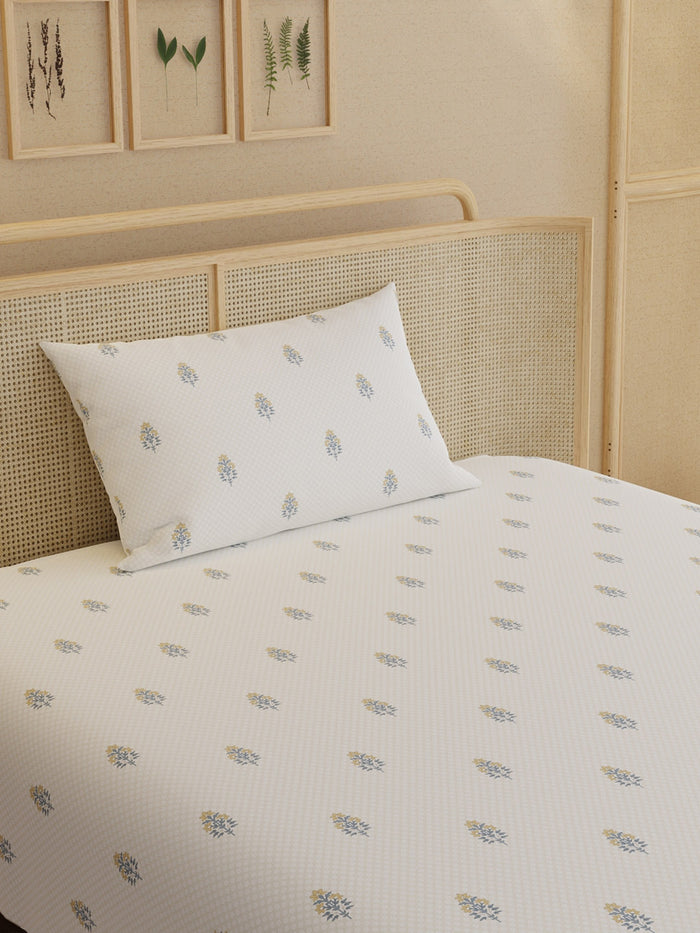 Indo Musk 100% Kasturi Cotton 200 TC Single Bedsheet with 1 Pillow Cover | White & Yellow Floral Bedsheet Set