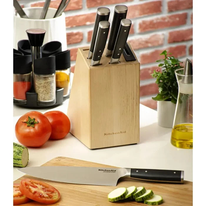 KitchenAid Gourmet 5pc Birch Wood Knife Block Set With Built-In Sharpener