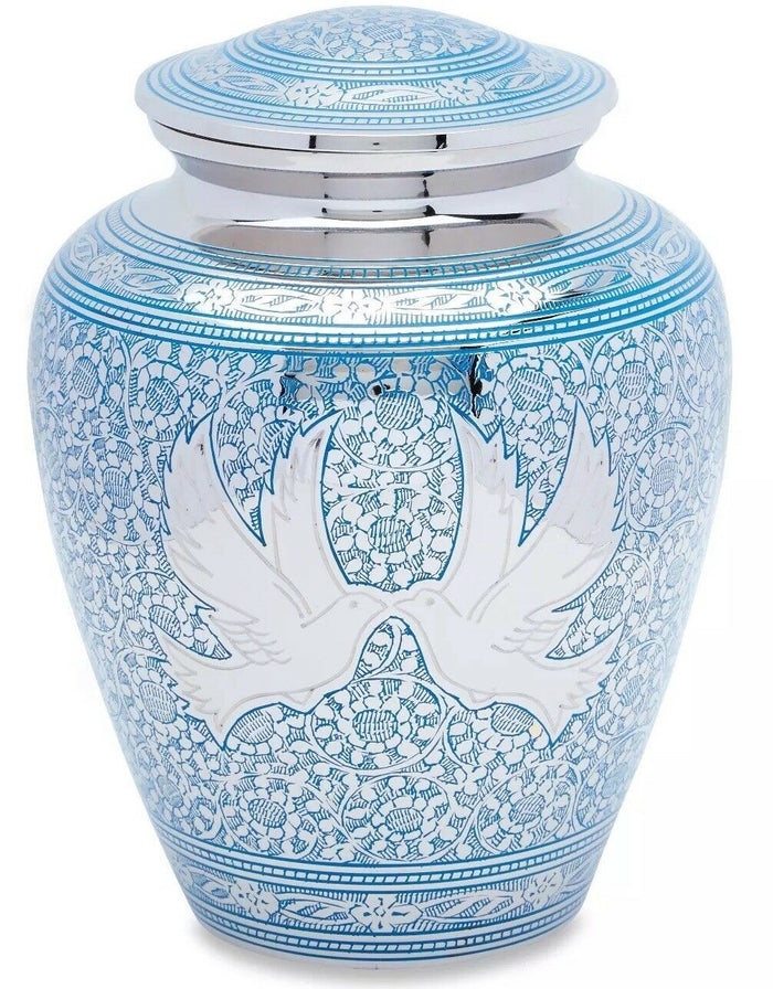 Large/Adult 220 Cubic Inches Blue Loving Doves Funeral Cremation Urn for Ashes